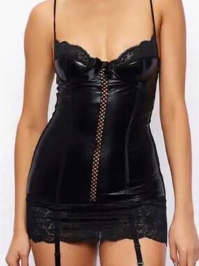 Frederick's of Hollywood Black Lace-Trim Satin Garter Chemise